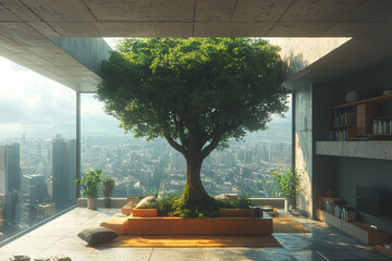 Poster - A surreal scene of a tree growing upside down from the ceiling of a modern apartment, symbolizing unconventional beauty and nature's resilience.