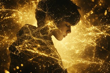 Poster - Silhouette of a woman illuminated by golden digital energy strands symbolizing introspection emotional connection and the interplay between light and the digital self