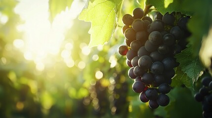 Poster -   A cluster of grapes swaying from a vine, illuminated by sunlight filtering through the foliage behind it