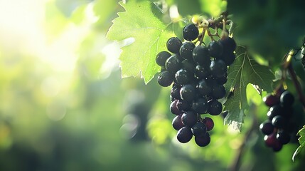 Wall Mural -   A vine adorned with vibrant grapes dangles beneath lush green foliage as golden rays pierce through the canopy, casting a warm glow on a bright afternoon