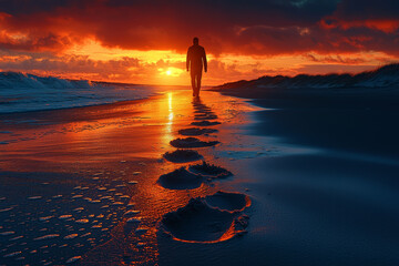 Wall Mural - a solitary figure walking along a deserted beach at sunset, with their footprints fading behind them