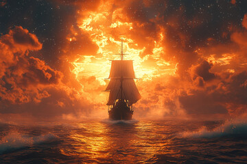 Canvas Print - a ship sailing through an ocean of clouds that gradually turns into a sky filled with stars, represe