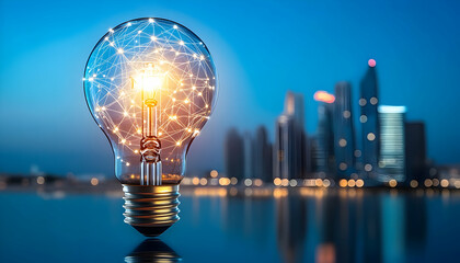 image of creative idea of light bulb displaying glowing modern metropolis with skyscrapers under sky with connected dots near seashore on blue background   