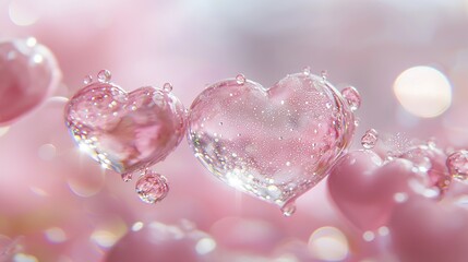 Poster -   Close-up of a heart-shaped object on a pink background with water bubbles on top