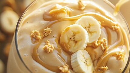 Wall Mural -   A smoothie topped with bananas and walnuts in a glass with a spoon and spoon rest