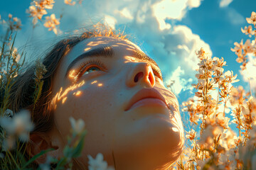 Wall Mural - A quiet scene of a person lying on a grassy field, looking up at the clouds that are reflected in their eyes, symbolizing a connection with nature and the self.