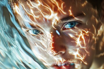 Wall Mural - Close up of a man's face under water with light refraction through the surface