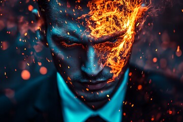 Wall Mural - Man's face engulfed in flames, burning head, fire, dark background, abstract art concept