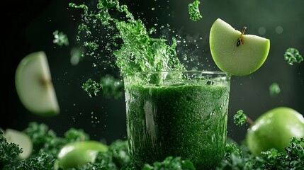 Sticker -  Glass with green liquid, apple on top, juice splash