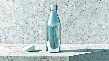 Poster -   A silvery water bottle perches atop a cement slab adjacent to a gleaming white stone orb resting on another cement slab