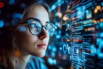 Young woman programmer looking at computer screen with coding on it, concept of artificial intelligence, machine learning and technology