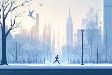 Wall Mural - A lone runner in a snowy city park with skyscrapers in the background