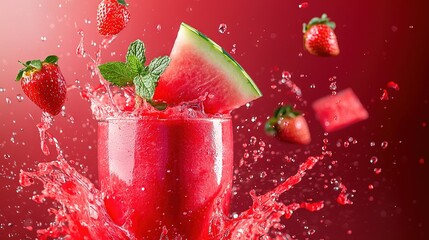 Wall Mural -   An image of a glass of watermelon juice with a wedge of watermelon and strawberries splashing out of it