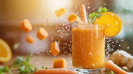 Sticker -   Glass of orange juice with carrot and celery garnish on wooden table