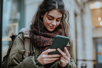 young woman using her smartphone in the city, smiling, wearing a scarf and backpack. technology and 