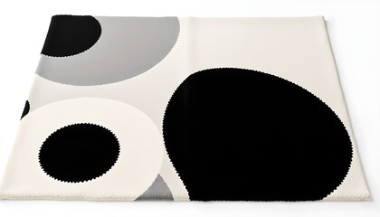 A modern rug with bold geometric shapes in black, white, and gray tones, placed flat on a white background. 