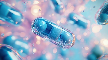 Poster -   Close-up of a blue pill on a blue-pink background with water droplets