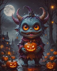 Halloween background with pumpkin and cute monster.