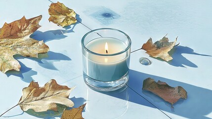 Poster -   A lit candle resting atop a table alongside leaves and a droplet of water