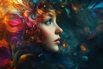 Wall Mural - Abstract portrait of a woman with colorful swirling patterns in her hair