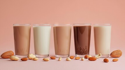 Sticker -   Row of milk, almonds, and milkshakes on a table against a pink backdrop