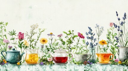 Wall Mural -   A painting of diverse teas and blossoms adorns the table, depicted in watercolor