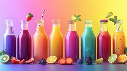 Poster -   A row of colorful bottles containing various fruits and vegetables sits together on a vibrant background