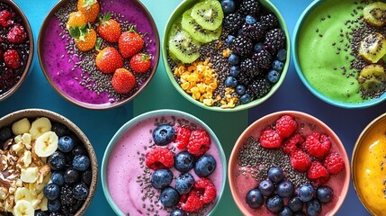 Sticker -   A cluster of bowls brimming with various fruit and veggie varieties, adjacent to a granola and kiwi array