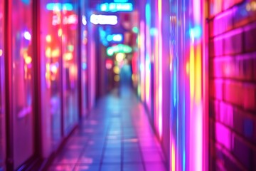 Wall Mural - Neon lights illuminate a bustling city alleyway at night. A sense of mystery and excitement fills the air.