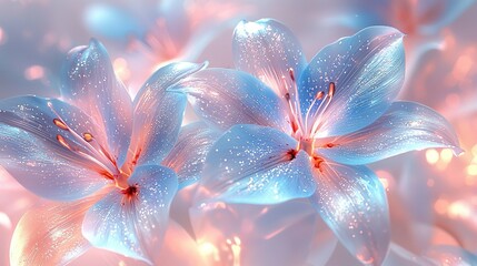   A close-up of two blue flowers with water droplets on their petals against a pink and blue background is optimized to Two blue flowers with water droplets on petals