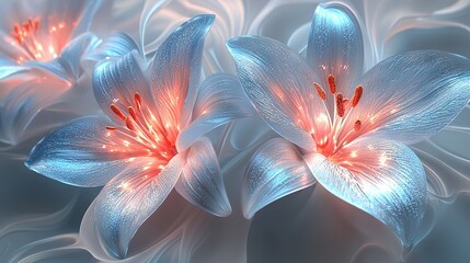 Poster -  A cluster of blue blossoms surrounded by red filaments against a blue and white backdrop