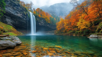 Poster - Majestic Waterfall in Autumn Forest