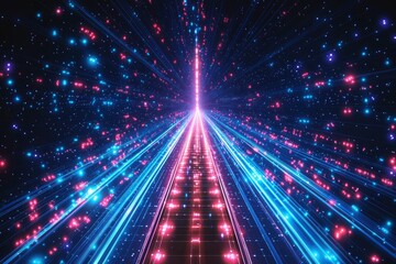 Abstract Digital Pathway with Neon Lights and Glowing Particles