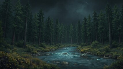 dark forest minimalist illustration eerie scary background