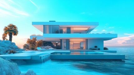 Contemporary beachfront home, cubic design with glass walls, seamless connection with nature, ocean breeze flowing through, futuristic touchesCyberpunk, Photorealism, blue tones, high contrast