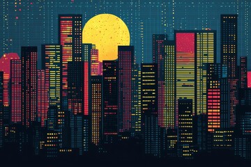 Poster - City Skyline with Illuminated Windows and a Large Yellow Moon