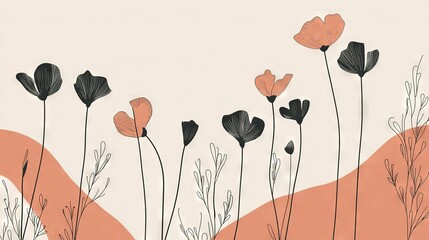 Wall Mural -  Black and orange flowers painted against a white-orange backdrop with a pink-white wall in the distance