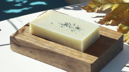   A leaf rests beside a white table with a wooden tray above it and a bar of soap atop the tray