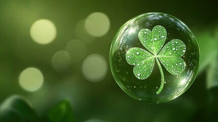 Poster -   A detailed shot of a clear sphere containing a four-leaf clover surrounded by water drops within