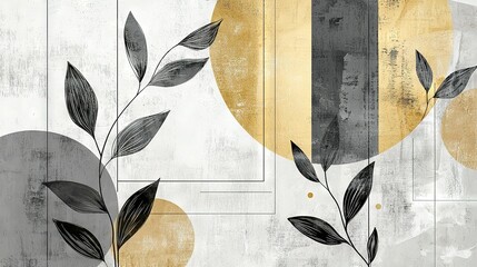 Poster -   A painting featuring yellow and black foliage set against a white and gray canvas, with a central rectangular shape