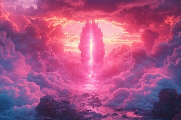 Wall Mural - Ethereal Tower Emerging from Pink Clouds