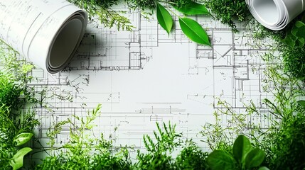 Wall Mural - Blueprints surrounded by lush green plants symbolize eco-friendly construction practices.