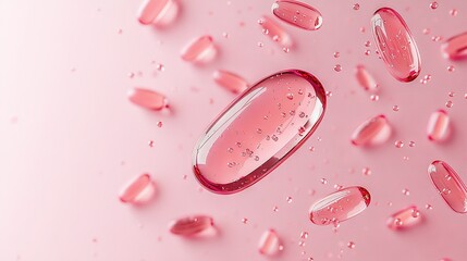 Wall Mural -   A close-up of a pink pill bottle with water drops on its base against a pink backdrop