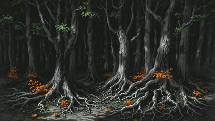 dark forest minimalist illustration eerie scary background