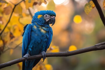 Blue and Gold Macaw Perched on Branch with Autumn Leaves Background