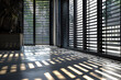 © mifta - Sunlight streams through closed black shutters in a modern room, casting long, horizontal shadows on the floor. Generative Ai