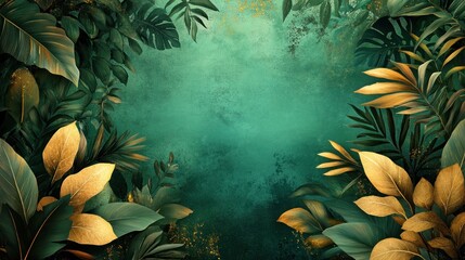 Wall Mural - Golden Leaves on a Lush Green Background