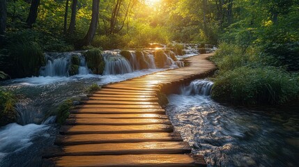 Wall Mural - Sunlit Path Through Cascades