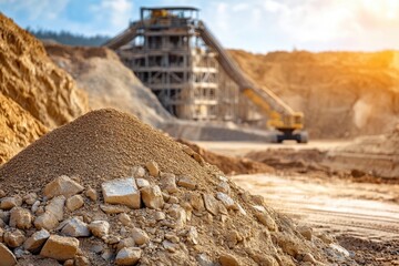 Open pit mining factory with conveyor and excavator