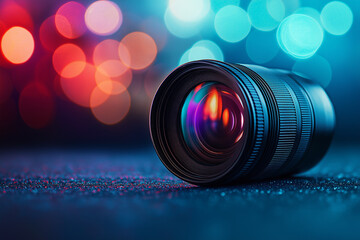 closeup camera lens with lense reflection bokeh background
